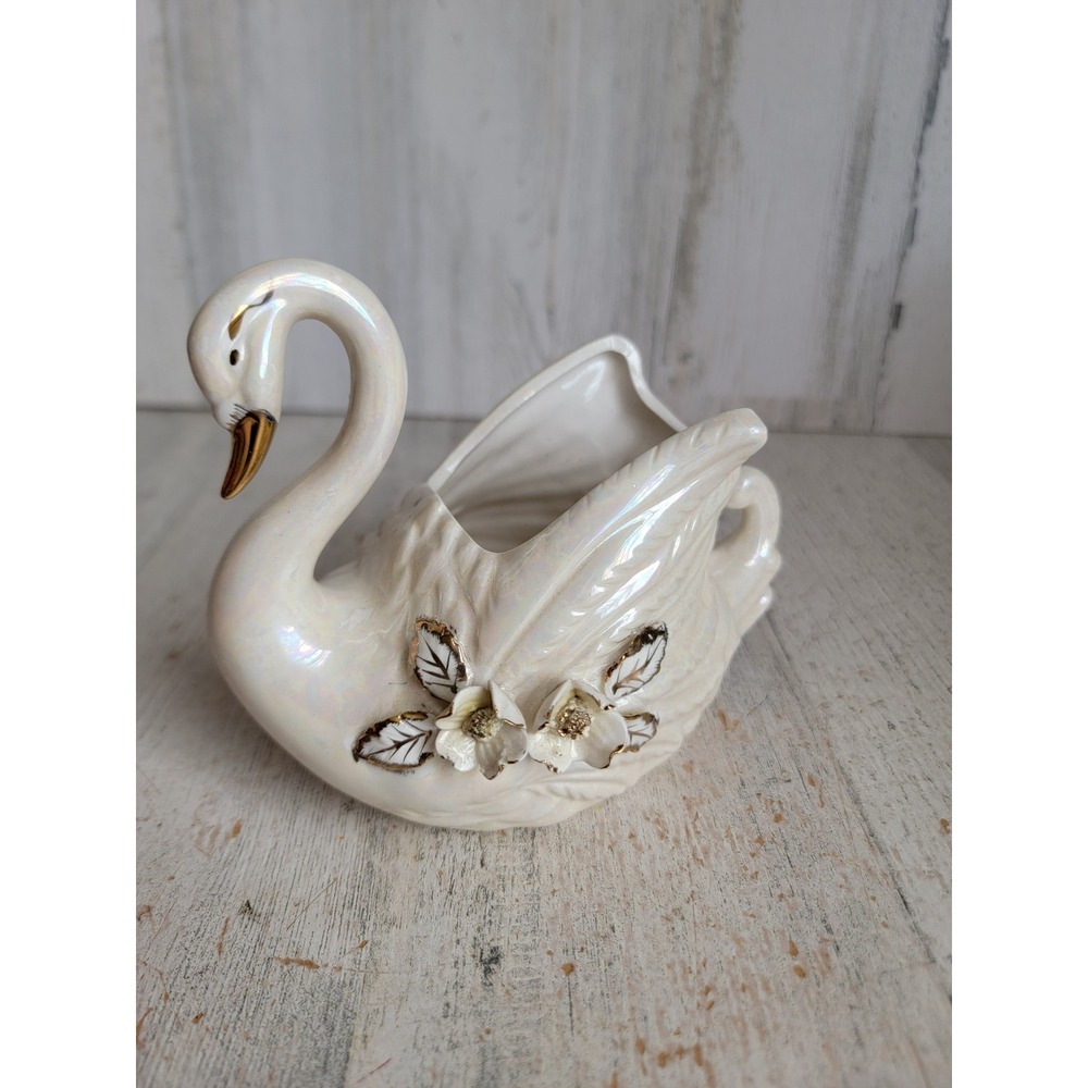 Mini white swan floral trinket dish ceramic unique home decor figure